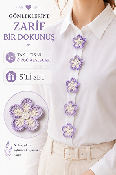 NEHOLİA El Örgüsü Gömlek Ceket Aksesuarı 5'li Set Çiçek Broş Tak Çıkar Düğme ...
