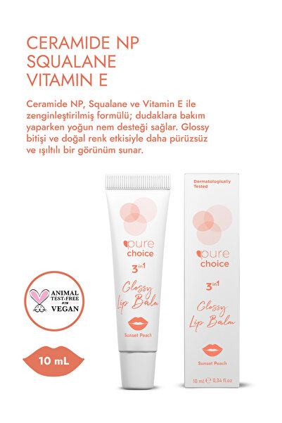 Pure Choice Sunset Peach Glossy Lip Balm – Nemlendirici, Onarıcı ve Parlatıcı | Ceramide NP + Squalane + Vitamin E