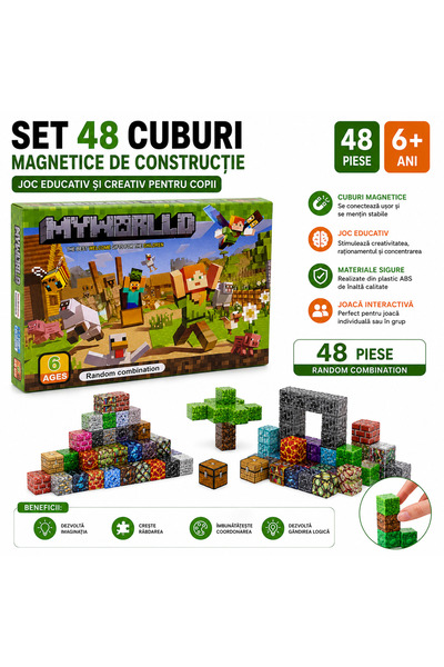 SHOP LIKE A PRO Set 48 Cuburi Magnetice de Constructie pentru Copii, Random C...