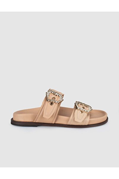 Cabani Beige Genuine Leather Women's Slippers