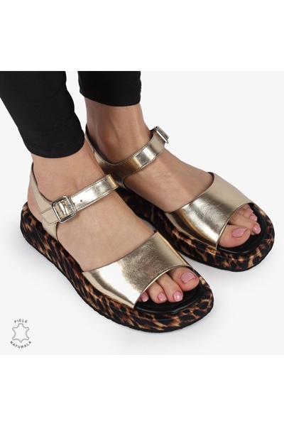 ANGEL BLUE SANDALE DAMA PIELE NATURALA CU TALPA IMPRIMEU LEOPARD CRL1262 AURIU