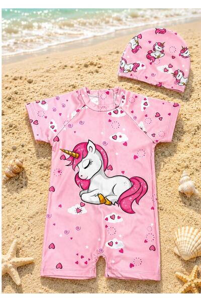 BEACH MALL Kız Çocuk Bebek Unicorn Desenli Hızlı Kuruyan Mayo Tulum Ve Bone T...