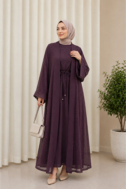 Kukini Kemerli Taş Detaylı Astarlı Flam Tül Abaya Takımı - Mürdüm