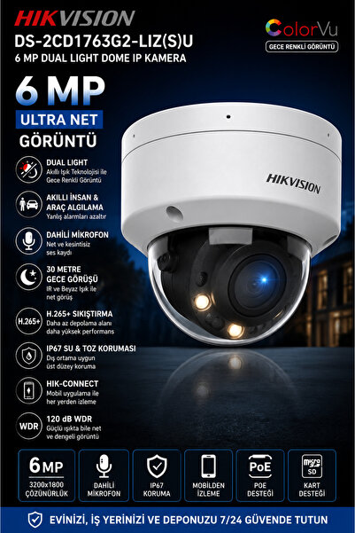 Hikvision 6 MP DUAL LIGHT DOME IP KAMERA DS-2CD1763G2-LIZ(S)U / Gece renkli g...