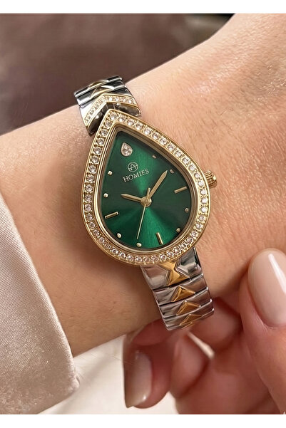 Homies Women's Silver Gold Metal Cord Drop Case Green Dial Stone Detailed Wri...