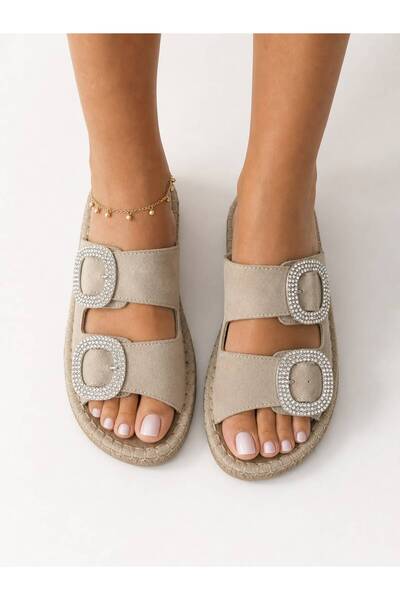 İncimoda Suede Women's Slippers with Stone Buckle - Modern Design Summer Sandals