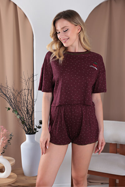 Arvin Pijama Kadın Bordo Renk Kiraz Baskılı Oversize Kalıp Kısa Kollu Şortlu ...