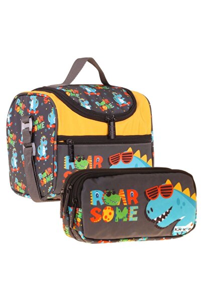 KAUKKO Kids Boy Dinosaur Roar Printed Yellow - Blue Thermo Lunch Box and Pen ...