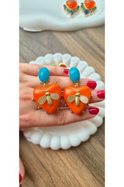 SoulSisco Jewellery Kalp Figürlü Arı-Turuncu Taşlı Şık Küpe