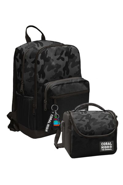 Coral High Black Gray Camouflage Patterned (Boy) School Backpack and Lunch Ba...