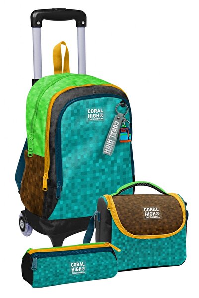 Coral High Three-Wheeled Trolley Primary School Bag Set Black Green Brown Cra...