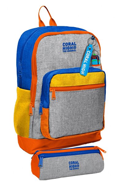 Coral High School Backpack and Pen Holder Set - Blue Gray Orange Stripe Patte...