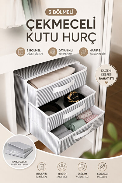 Funny Life 3 Bölmeli Çekmeceli Kutu Hurç Katlanabilir Dolap İçi Düzenleyici O...