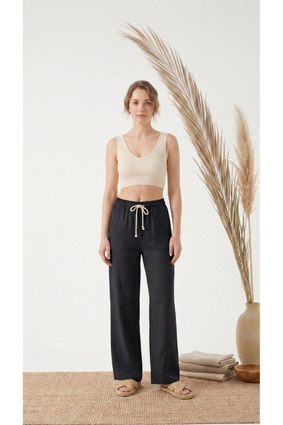 STRAVON Women's 100% Cotton Muslin Palazzo High Waist Comfortable Fit Linen Trousers