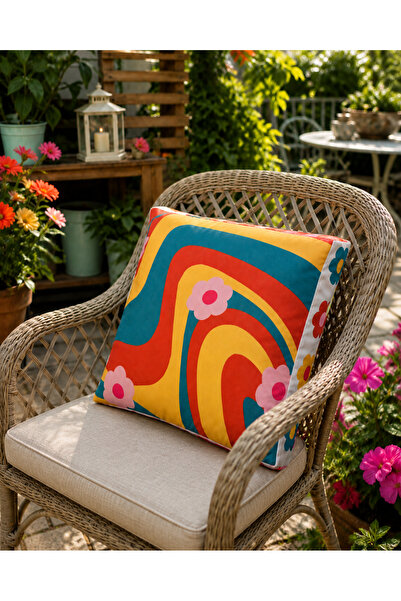 Homeilla Retro Bloom Renkli Dalga ve Çiçek Desenli Kadife Dekoratif Kırlent 4...