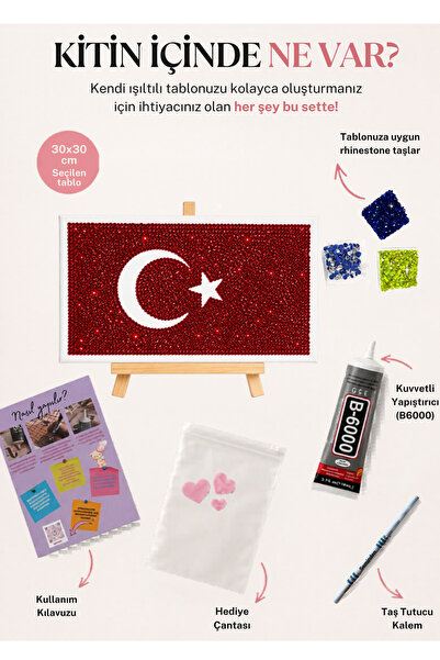 seminden Kişiye Özel Türk Bayrağı Kendin Yap Taşlı Kanvas Tablo 30×30 Kristal...
