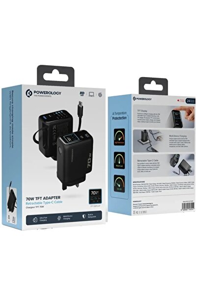 Powerology محول TFT بقوة 70 واط مع كابل Type-C قابل للسحب باللون الأسود