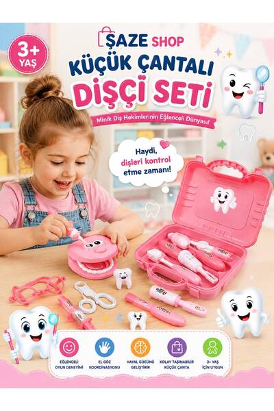 SAZE Küçük Çantalı Dişçi Oyun Seti 3+ Yaş Çocuk Doktor Çantası Diş Kontrol ve...