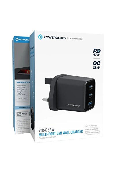 Powerology شاحن حائط متعدد المنافذ فولت-إكس 67 واط بتقنية جان، أسود اللون