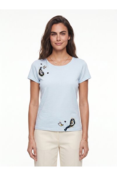 ONLOOX Baby Blue Cotton Crew Neck Short Sleeve T-Shirt with Artistic Embroide...