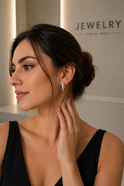 Balenbi Silver Color Stainless Steel Baguette Zircon Stone Hoop Earrings 1040