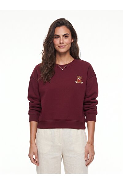 ONLOOX Burgundy Three-Thread Embroidered Fabric Crew Neck Sweatshirt with Ted...