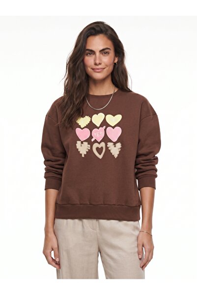 ONLOOX Brown Cotton Crew Neck Sweatshirt with Three-Thread Heart Embroidery D...
