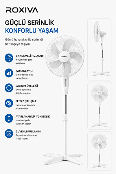 ROXİVA Valora Air 16 İnç Ayaklı Vantilatör 45W 3 Kademeli 1200RPM 5 Kanatlı B...