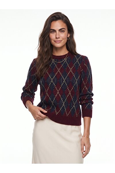 ONLOOX Burgundy Navy Blue Cotton Viscose Blended Long Sleeve Diamond Patterne...