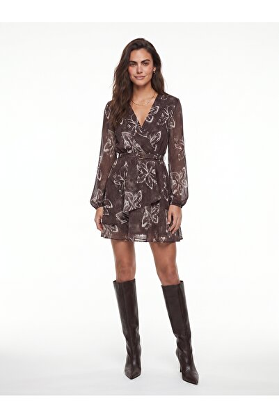 ONLOOX Coffee Patterned Chiffon Double Breasted Collar Long Balloon Sleeves B...