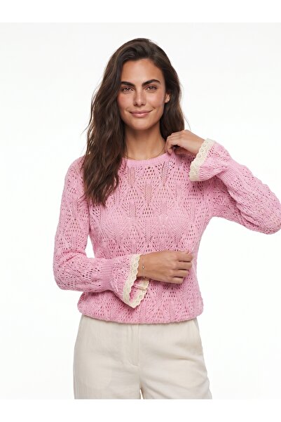 ONLOOX Pink Cotton Openwork Knit Crew Neck Flowy Cut Flounce Long Sleeve Knit...