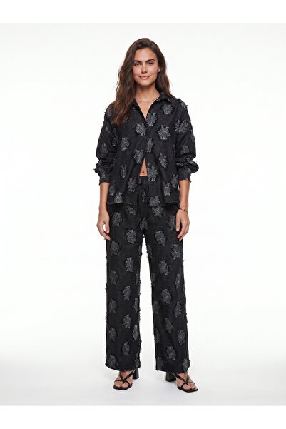 ONLOOX Black Woven Cotton Elastic Waist Oversize Fringed Detailed Shirt and P...