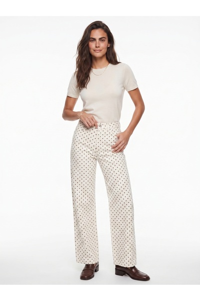 ONLOOX Ecru Beige Cotton High Waist Wide Leg Pocketed Polka Dot Patterned Den...