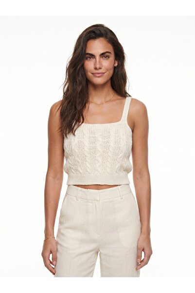 ONLOOX Ecru Cotton Square Neck Strap Crop Form Knitted Blouse with Hair Braid...