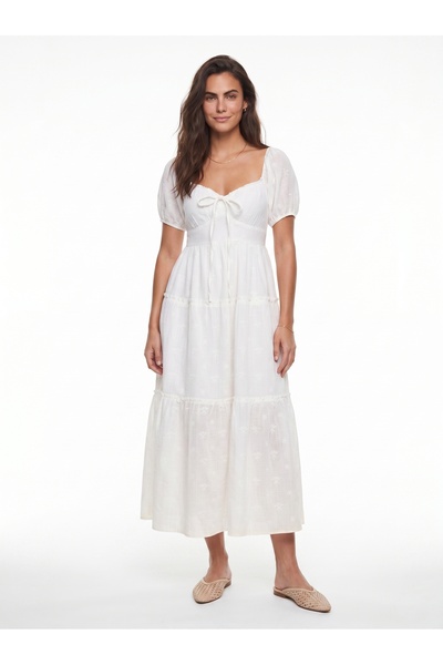 ONLOOX White Viscose Blended Muslin Fabric Square Collar Self-Floral Embroide...
