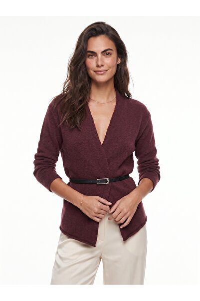 ONLOOX Burgundy Knitwear Fabric V-Neck Standard Cut Slim Belt Detailed Long S...