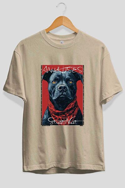 Ankhises For Dog Lovers 32 Front Dog Prints Beige Oversize T-Shirt 100% Cotto...