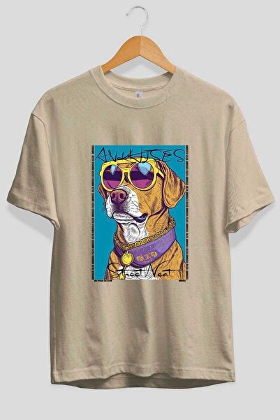Ankhises For Dog Lovers 61 Front Dog Printed Beige Oversize T-Shirt 100% Cott...