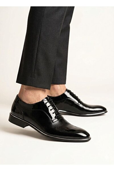 Gönbeler Men's Black Patent Leather Classic Shoes Lace-Up Groom and Office Shoes