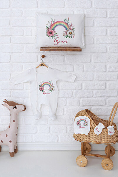 Pia Baby Kız Bebek İsme Özel %100 Pamuk Tulum Şapka Eldiven ve Yastık Kılıfı ...