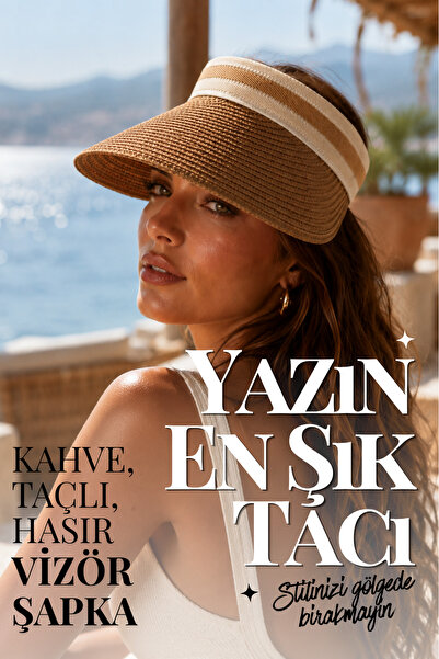 Handmade Kahverengi Hasır Vizör Şapka Kadın Güneş Şapkası Taçlı Yazlık Plaj Ş...