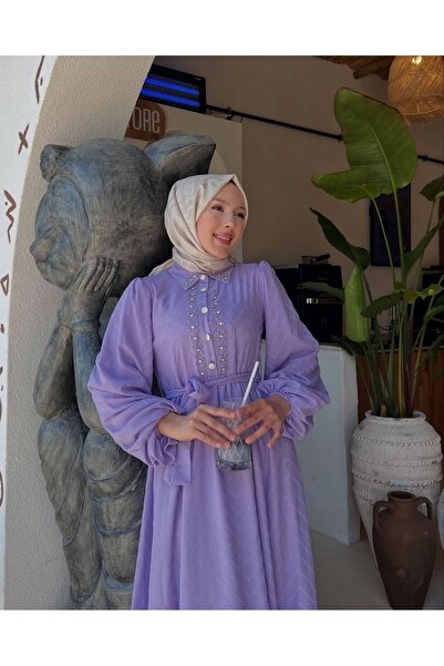 ensade Pearl Detailed Balloon Sleeve Hijab Dress |   Stylish Casual Dress wit...
