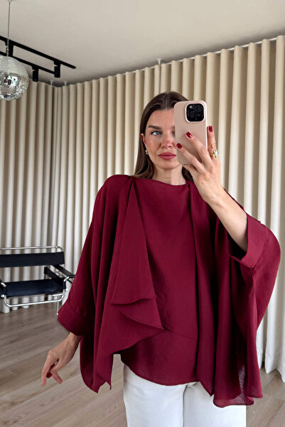 Sue Store Burgundija asimetrična prevelika bluza sa šalom