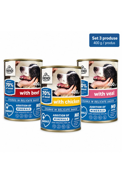FRENDİ Dog, hrana umeda pentru caini, Set 3 conserve, Mix Vita, Pui, Vitel, 3...