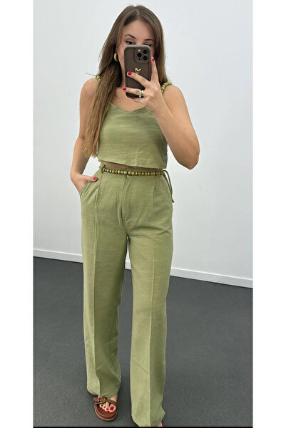Perry Boutique Set pantaloni crop cu bretele din in, cu detalii din mărgele, ...