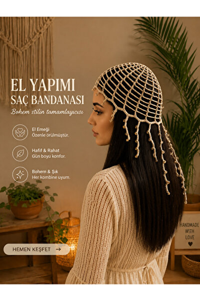 design bk Örgü saç bandanası taşlı krem simli koton ip bohem
