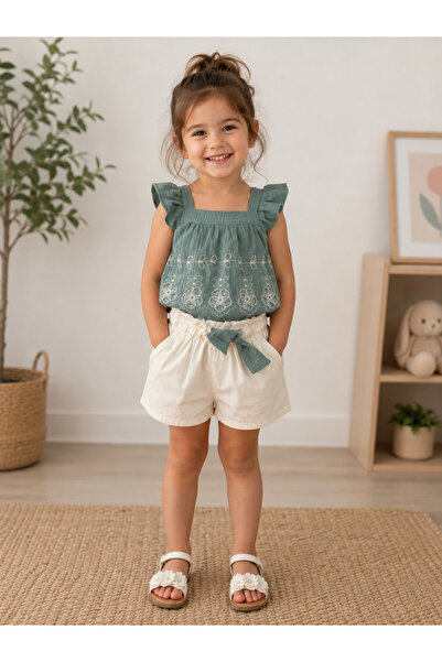 RÜYA KİDS Girl's White Shorts 2-Piece Summer Top and Bottom Set