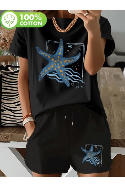 one button Blue Starfish Printed Women's Premium Oversize Top and Bottom Set ...