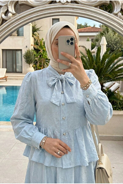 Kirazca Butik Kadın Kendinden Şal Desenli Jakarlı Kumaş Fiyonk Yakalı Etek Bl...