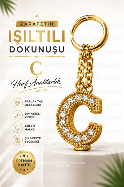 ellante Kişiye Özel Harf Anahtarlık Altın Renk Zirkon Taşlı Şık Çanta Süsü An...